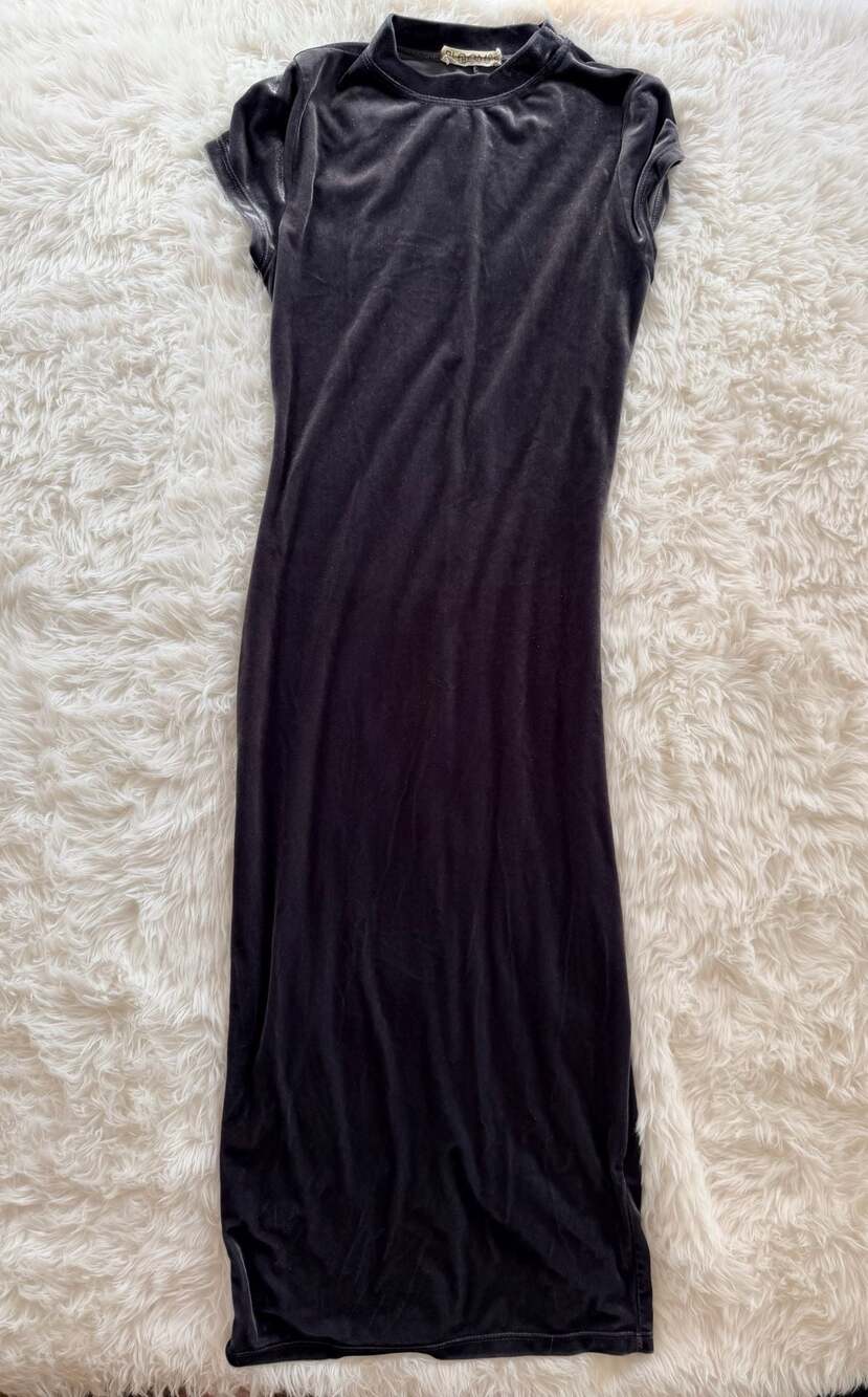 Blooms In The City Gray Velvet Mock Neck Cap Sleeve Maxi Dress